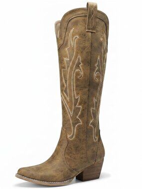Women,s Tan Faux leather Cowgirl Knee High Boots Retro Tall with Side Zipper